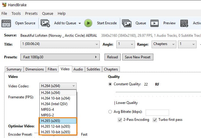 Converti H.264 in H.265 HandBrake