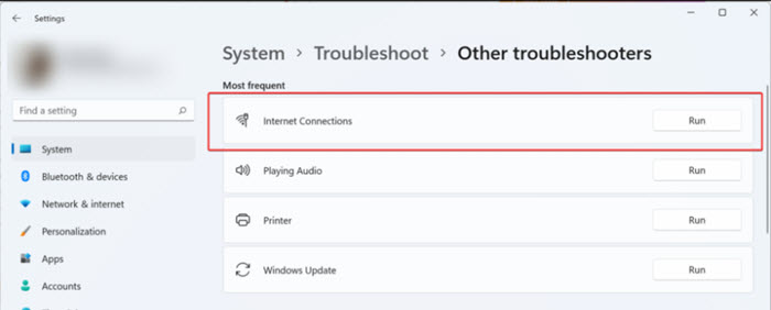 Run Internet Connection Troubleshooter