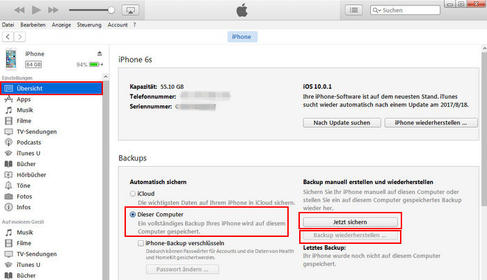iPhone Daten auf neues iPhone (8) übertragen über iTunes