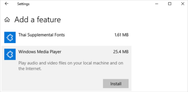 Install Windows Media Player from optional features