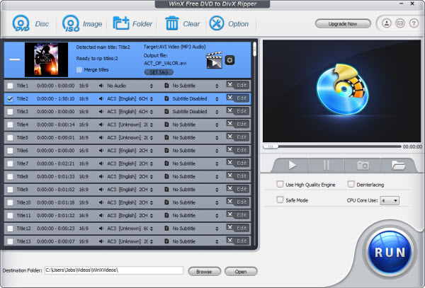 WinX Free DVD to DivX Ripper screenshot WinX Free DVD to DivX Ripper screenshot