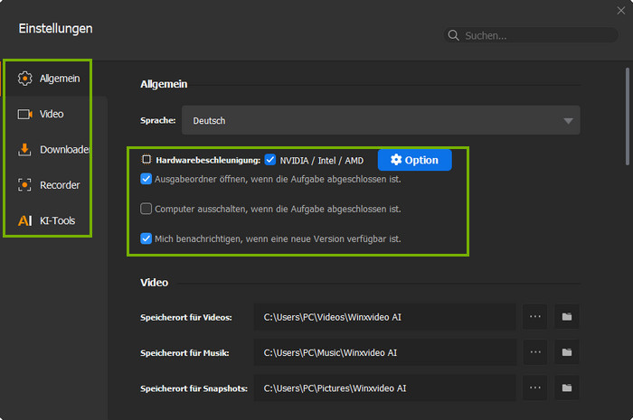 Allgemeine Einstellungen von Winxvideo AI