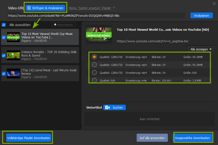 Auswahl der Playlist-Videos zum Herunterladen