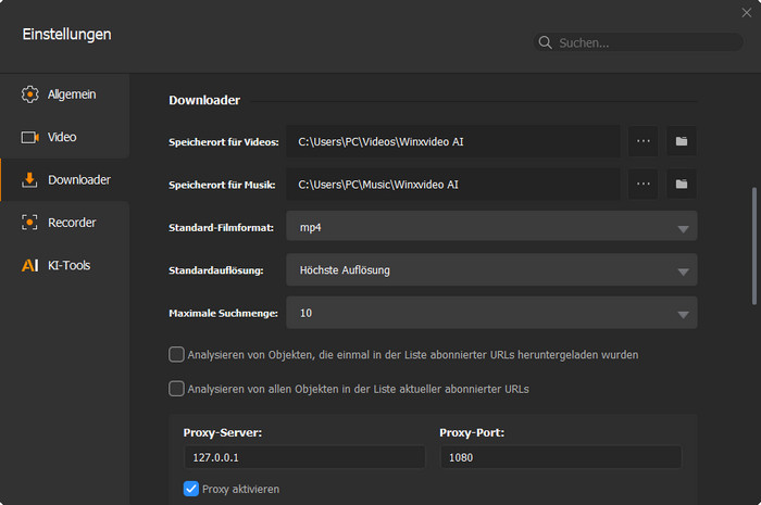 Einstellungen des Downloader von Winxvideo AI