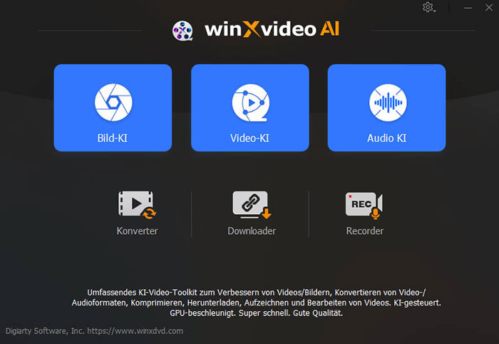 Hauptbenutzeroberfläche von Winxvideo AI