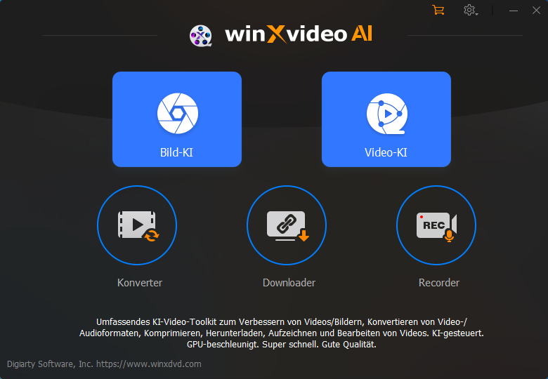 Hauptbenutzeroberfläche von Winxvideo AI