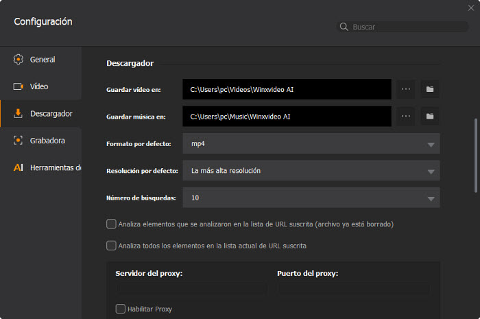 Configuración del descargador Winxvideo AI
