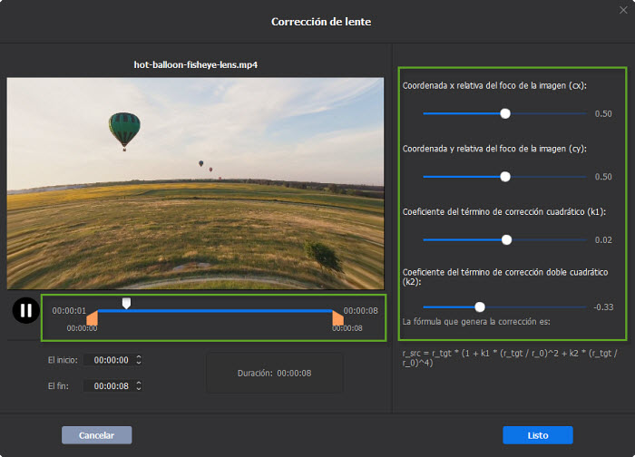 Configuración de corrección de lente ojo de pez