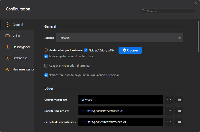 Configuraciones comunes de Winxvideo AI