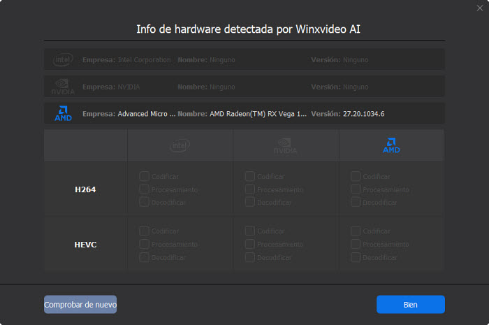 Configuración de hardware en Winxvideo AI