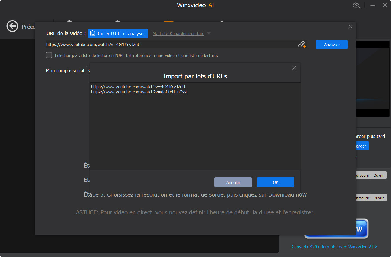 Saisir plusieurs URL de vidéos