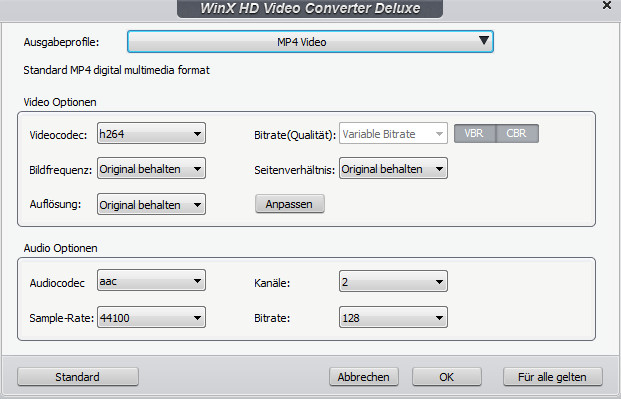 Video- und Audio-Parameter anpassen - WinX HD Video Converter Deluxe