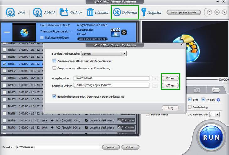 Optionen - WinX DVD Ripper Platinum