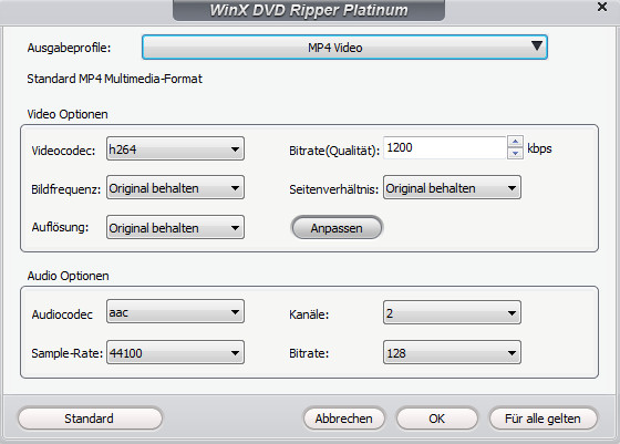 Video- und Audio-Parameter anpassen - WinX DVD Ripper Platinum