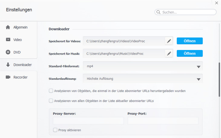 Einstellungen für Downloader - VideoProc