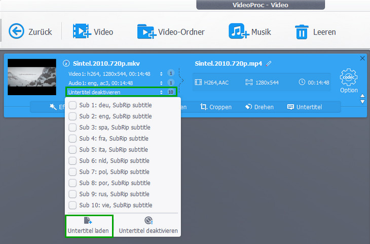 Untertitel ins Video hinzufügen 1 - VideoProc