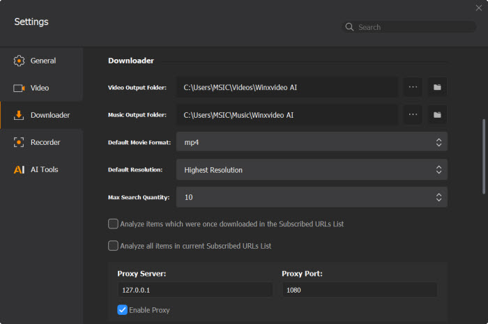 Winxvideo AI Downloader Settings