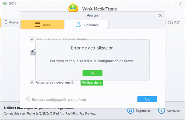 WinX MediTrans error del internet