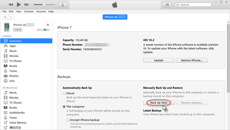 Bakcup iPhone to iTunes