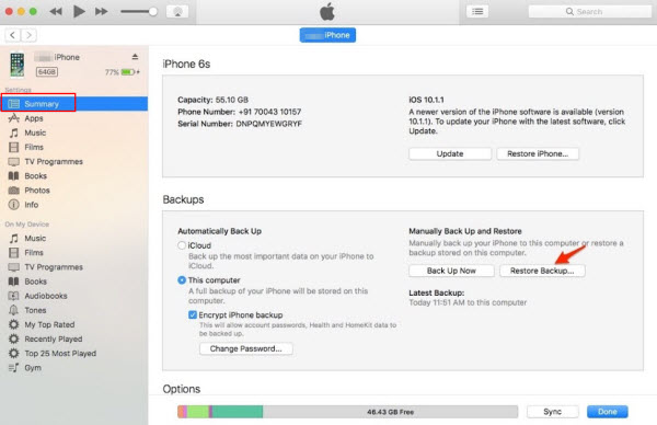 Restore iPhone from iTunes backup