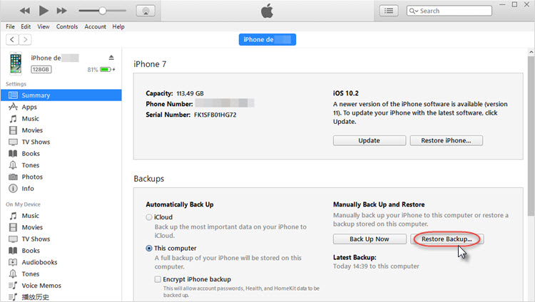 Restore iPhone from iTunes backup
