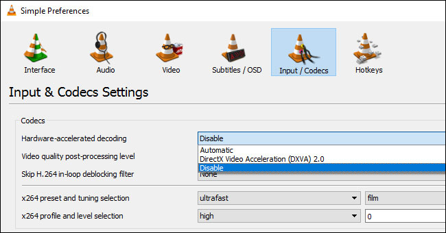 Toggle hardware acceleration on VLC