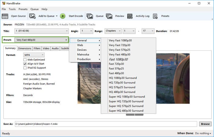 Choose output format for DVD copy file
