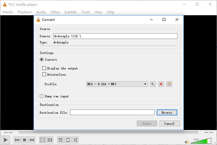 Select profile and start ripping DVD to computer with VLC