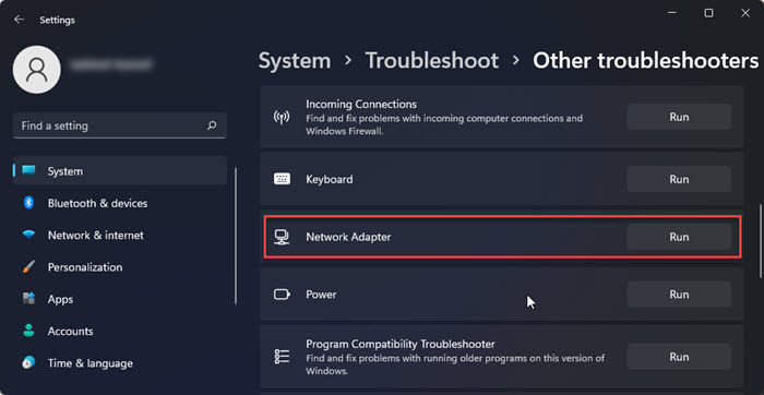 Run Network Adapter Troubleshooter