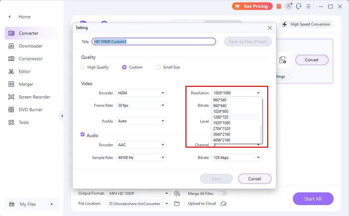 Compress 4K to 720p using Wondershare Uniconverter