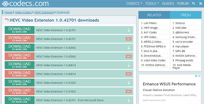 Free download HEVC/H.265 codec for Windows 11