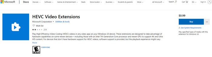 Laden Sie die HEVC-Codec-Erweiterung unter Windows 10 herunter
