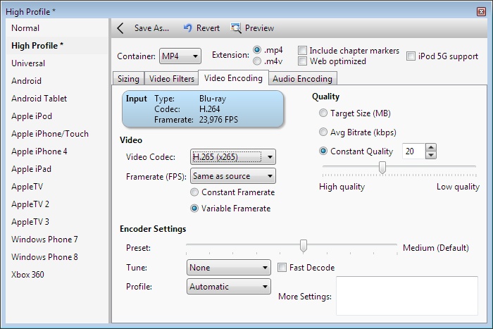 Convert HEVC videos with Vidcoder