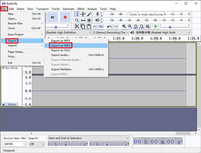 Export MP4 to WAV in Audacity