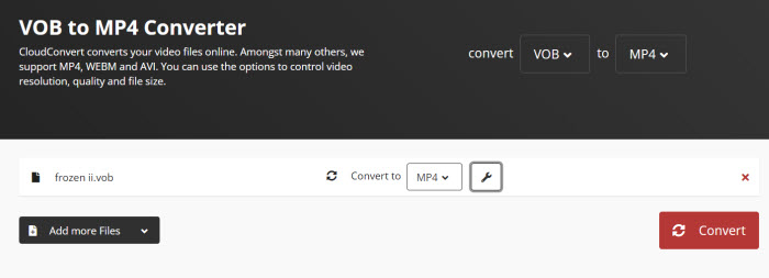 convert VOB to MP4 with cloudconvert