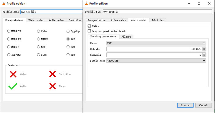 Create WAV profile on VLC