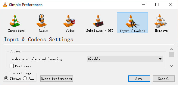 Disable hardware decoding to fix VLC playing DVD with green screen