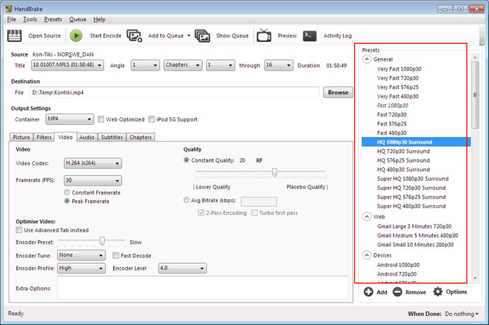 HandBrake Voreinstellungen für general, web, devices, Matroska und legacy