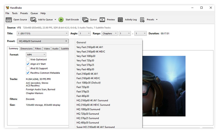 convert VOB to MP4 with handbrake - choose preset