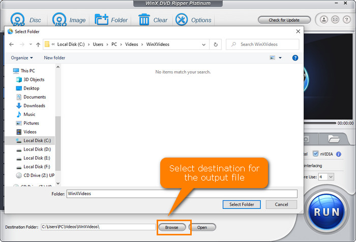 Select destination for the DVD copy file