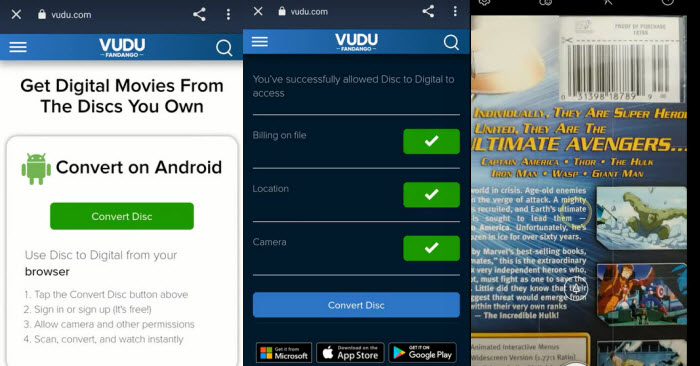 Convert DVD to digital with VUDU - allow app permissions