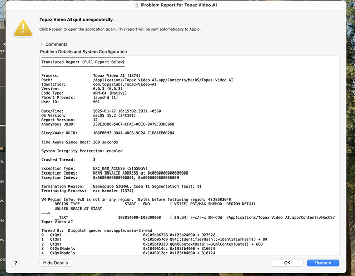 Topaz Video AI crashing on startup