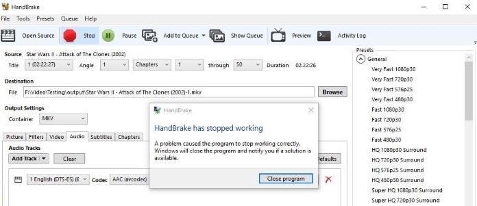 HandBrake freezes while encoding