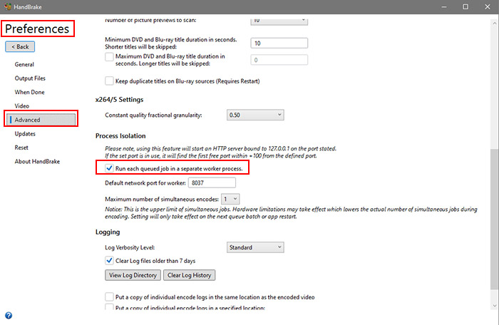 HandBrake freezes - disable process isolation