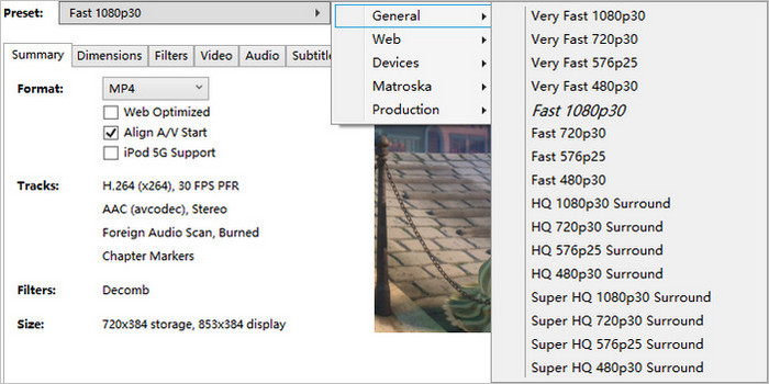 Choose output preset for the Blu-ray rip