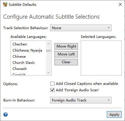 HandBrake subtitle defaults