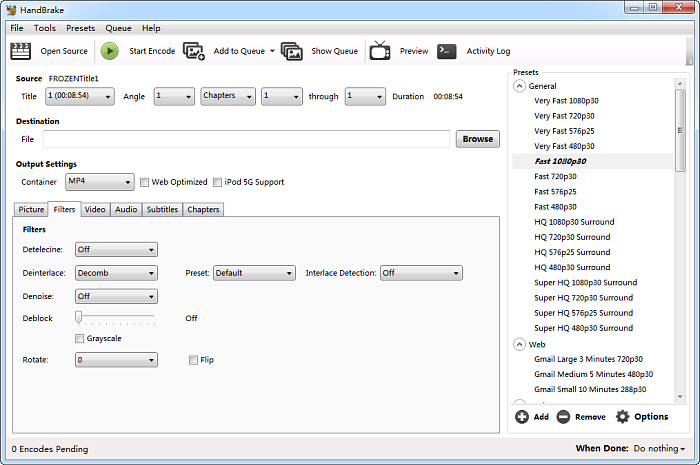 Deinterlace video using Handbrake