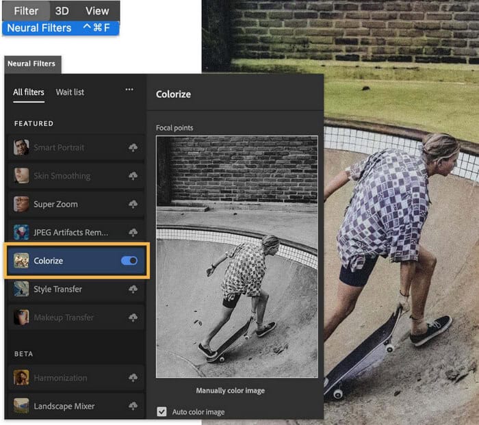 Enable Colorize filter in Photoshop