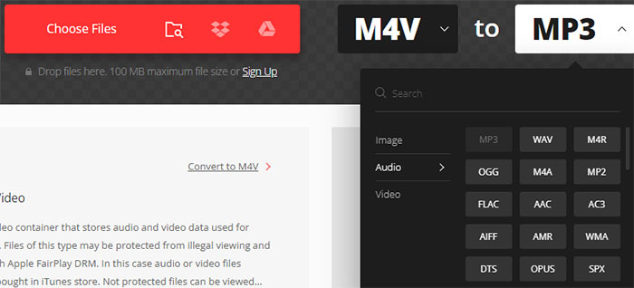 Convert DRM-free M4V to MP3 with convertio.co