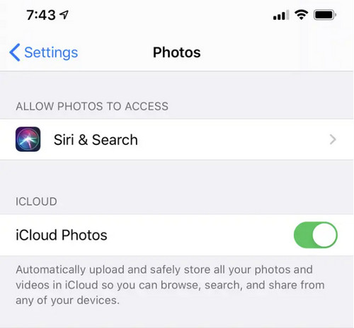 Enable iCloud photos on iPhone